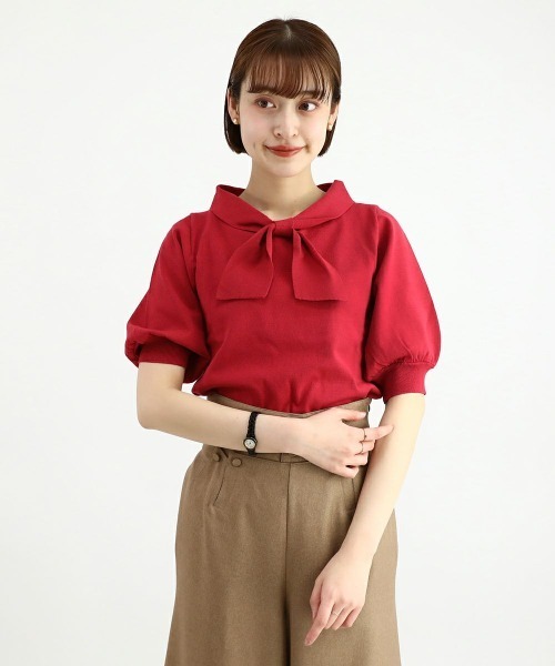 F i.n.t(フィント)の「ボウタイ5分袖ニットプルオーバー/F&A/fint(ニット/セーター・レディース・オフホワイト/ライトブルー・FREE)」の6枚目の写真