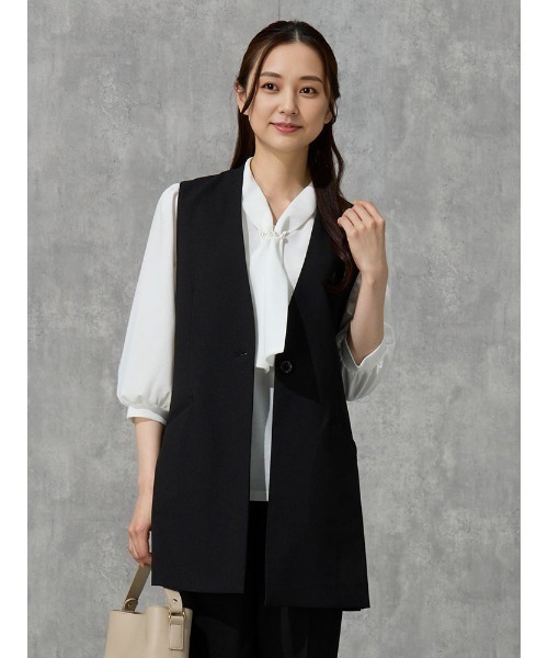 Perfect Suit FActory（パーフェクトスーツファクトリー）の「麻調メッシュ　ジレ　カーキ/ブラック（ベスト・レディース・ブラック/カーキ・M/S）」の2枚目の写真