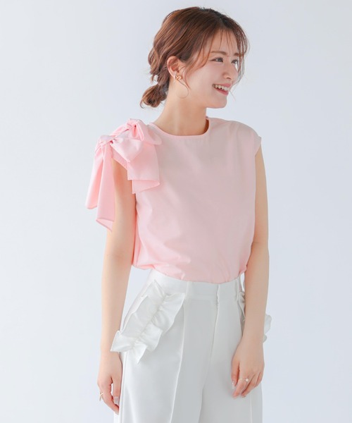 Fit more(フィットモア)の「ショルダーリボンノースリーブ(Tシャツ/カットソー・レディース・ピンク/パープル/ホワイト・FREE)」の1枚目の写真