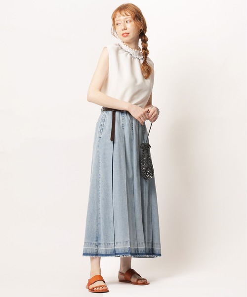 DOUBLE NAME（ダブルネーム）の「ジア刷り加工デニムプリーツスカート（デニムスカート・レディース・ブルー/グレー・FREE）」の7枚目の写真
