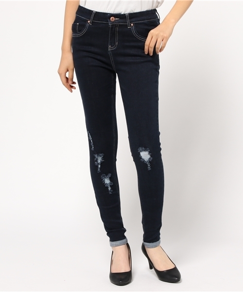 mystic(ミスティック)の「【mystic】ダメージデニムスキニー(デニムパンツ・レディース・ネイビー/ブルー・2/0/1)」の2枚目の写真