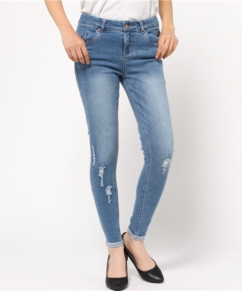 mystic(ミスティック)の「【mystic】ダメージデニムスキニー(デニムパンツ・レディース・ネイビー/ブルー・2/0/1)」の1枚目の写真