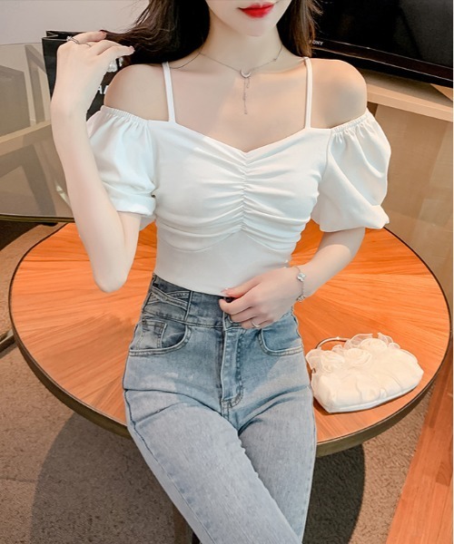 gossip!ロサンゼルス(ゴシップロサンゼルス)の「パフスリーブ ギャザー トップス(Tシャツ/カットソー・レディース・ブラック/ホワイト・FREE)」の11枚目の写真
