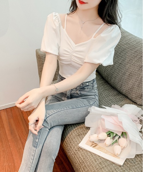gossip!ロサンゼルス(ゴシップロサンゼルス)の「パフスリーブ ギャザー トップス(Tシャツ/カットソー・レディース・ブラック/ホワイト・FREE)」の14枚目の写真