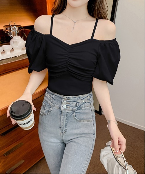 gossip!ロサンゼルス(ゴシップロサンゼルス)の「パフスリーブ ギャザー トップス(Tシャツ/カットソー・レディース・ブラック/ホワイト・FREE)」の5枚目の写真