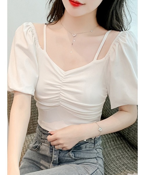 gossip!ロサンゼルス(ゴシップロサンゼルス)の「パフスリーブ ギャザー トップス(Tシャツ/カットソー・レディース・ブラック/ホワイト・FREE)」の18枚目の写真