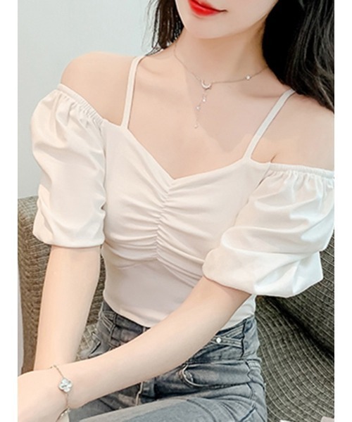 gossip!ロサンゼルス(ゴシップロサンゼルス)の「パフスリーブ ギャザー トップス(Tシャツ/カットソー・レディース・ブラック/ホワイト・FREE)」の19枚目の写真