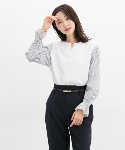 Honeys（ハニーズ）の「キーネックトップス（Tシャツ/カットソー・レディース・ブラック/ネイビー/キャメル/アイボリー・S/M/L/LL/3L）」の7枚目の写真