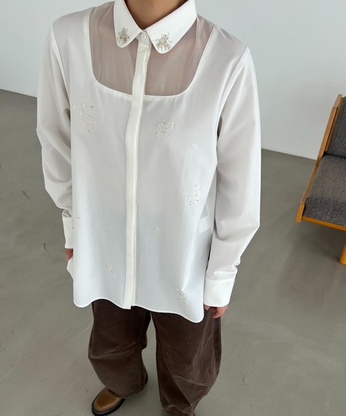 embroidery bijou motif sheer changeover SH（シャツ/ブラウス 