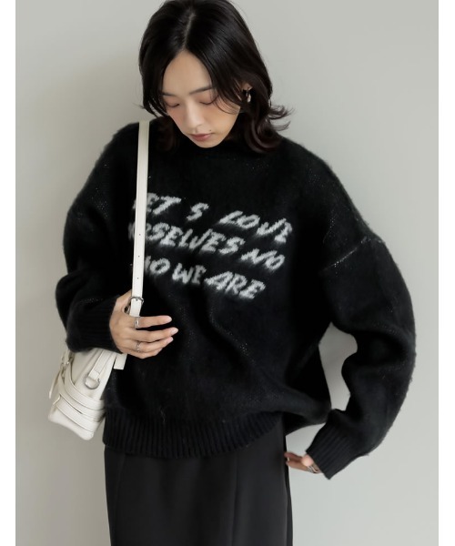 Re:EDIT（リエディ）の「[2024-25 WINTER COLLECTION]配色メッセージロゴシャギーニットトップス（ニット/セーター・レディース・ブラック/グレー/ベージュ・MEDIUM/LARGE）」の9枚目の写真