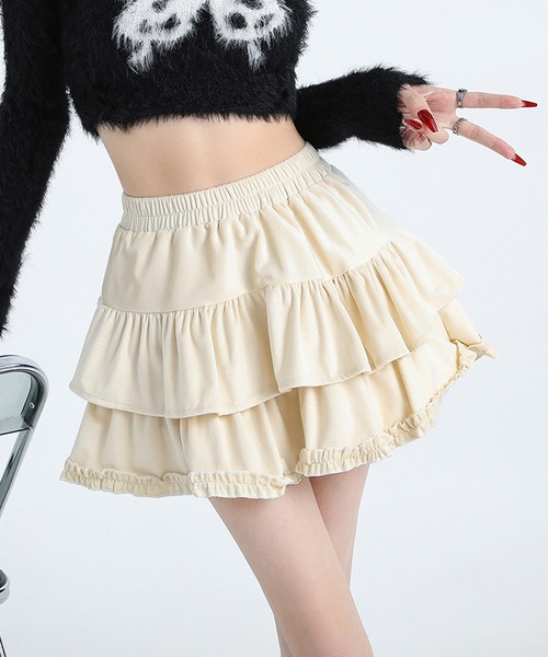 Sibra（シブラ）の「ダブルフリルフレアミニスカート（スカート・レディース・ブラック/ホワイト/ブラウン/ベージュ・M）」の4枚目の写真