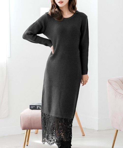 Julia Boutique（ジュリアブティック）の「裾レースニットワンピース（ワンピース・レディース・チャコール/ブラック・ONE）」の3枚目の写真