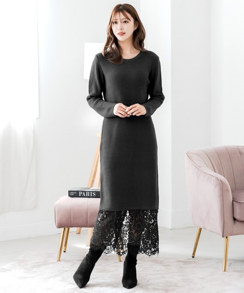 Julia Boutique（ジュリアブティック）の「裾レースニットワンピース（ワンピース・レディース・チャコール/ブラック・ONE）」の4枚目の写真