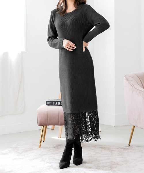 Julia Boutique（ジュリアブティック）の「裾レースニットワンピース（ワンピース・レディース・チャコール/ブラック・ONE）」の5枚目の写真