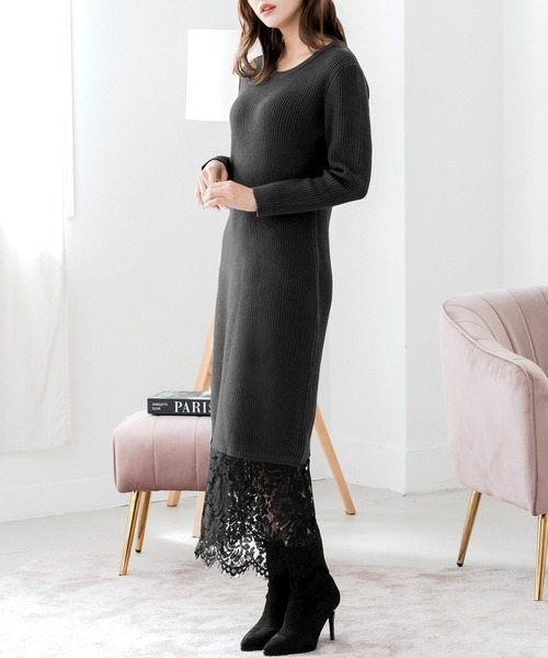 Julia Boutique（ジュリアブティック）の「裾レースニットワンピース（ワンピース・レディース・チャコール/ブラック・ONE）」の8枚目の写真