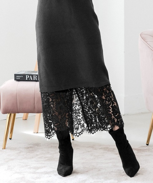 Julia Boutique（ジュリアブティック）の「裾レースニットワンピース（ワンピース・レディース・チャコール/ブラック・ONE）」の10枚目の写真