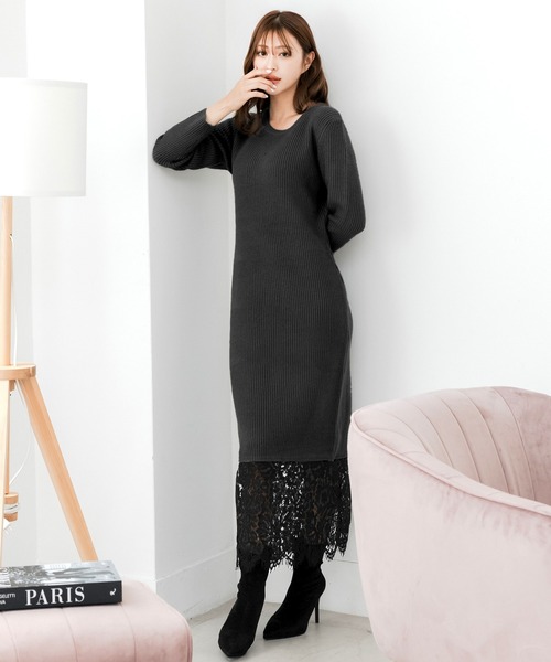 Julia Boutique（ジュリアブティック）の「裾レースニットワンピース（ワンピース・レディース・チャコール/ブラック・ONE）」の11枚目の写真