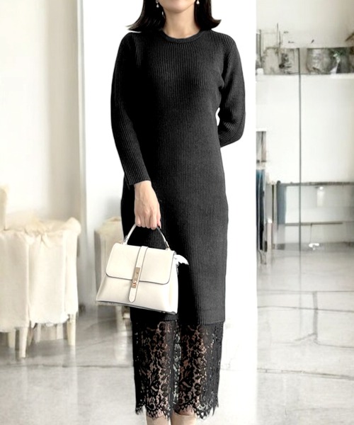 Julia Boutique（ジュリアブティック）の「裾レースニットワンピース（ワンピース・レディース・チャコール/ブラック・ONE）」の12枚目の写真