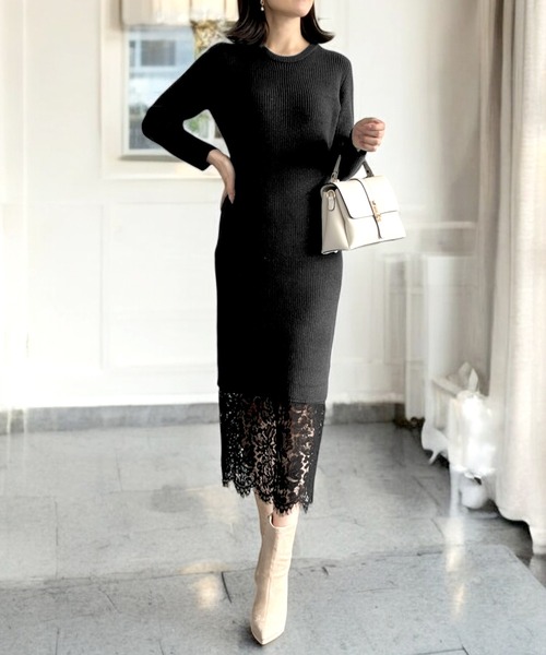 Julia Boutique（ジュリアブティック）の「裾レースニットワンピース（ワンピース・レディース・チャコール/ブラック・ONE）」の13枚目の写真