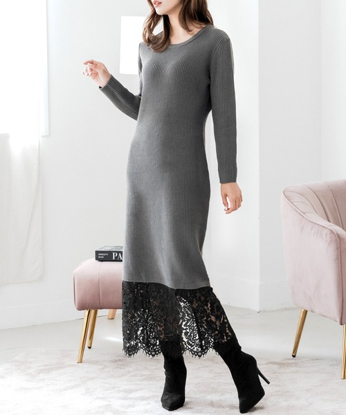 Julia Boutique（ジュリアブティック）の「裾レースニットワンピース（ワンピース・レディース・チャコール/ブラック・ONE）」の18枚目の写真