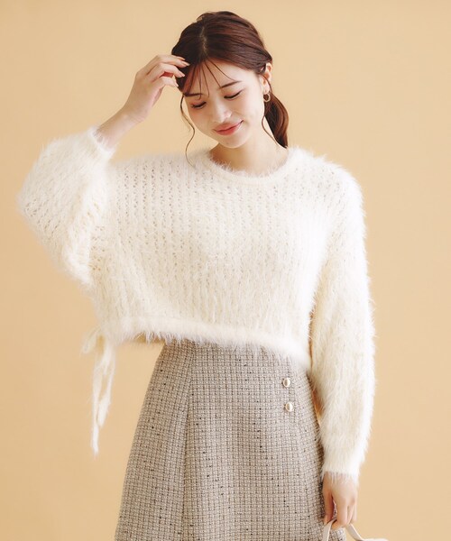 セール】透かしシャギーサイドリボンニット【洗濯機洗い可】（ニット