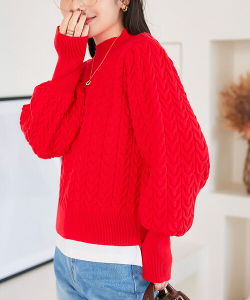 セール】モックネックケーブルニットトップス（ニット/セーター