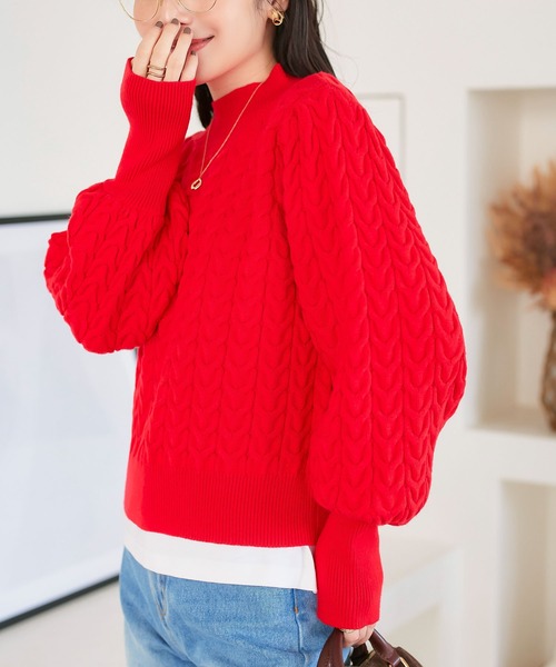 セール】モックネックケーブルニットトップス（ニット/セーター