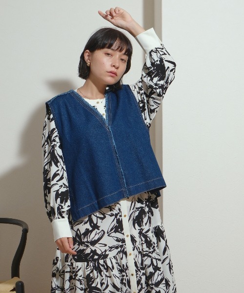 ベスト ジレ 「セットアップ対応」Vネック　ZIPデザイン　前後2WAY　デニムフリンジベスト レディース セットアップ対応】Vネック ZIPデザイン 前後2WAY デニム