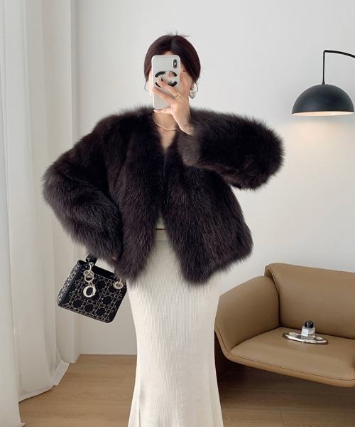 セール】ノーカラー ショート丈 フェイクファーコート（その他アウター