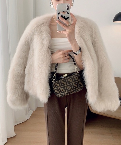 セール】ノーカラー ショート丈 フェイクファーコート（その他アウター