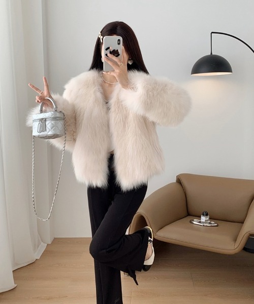 セール】ノーカラー ショート丈 フェイクファーコート（その他アウター