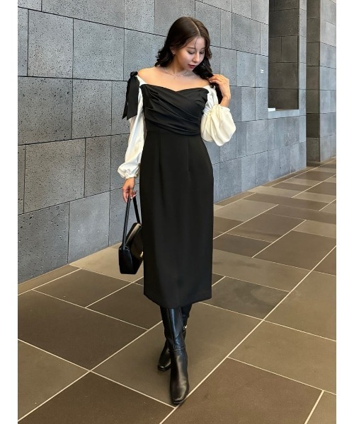 ワンピース Herlipto Faubourg Tweed Dress black Faubourg Shoulder Ribbon Dress（ワンピース）｜Her lip to（ハー