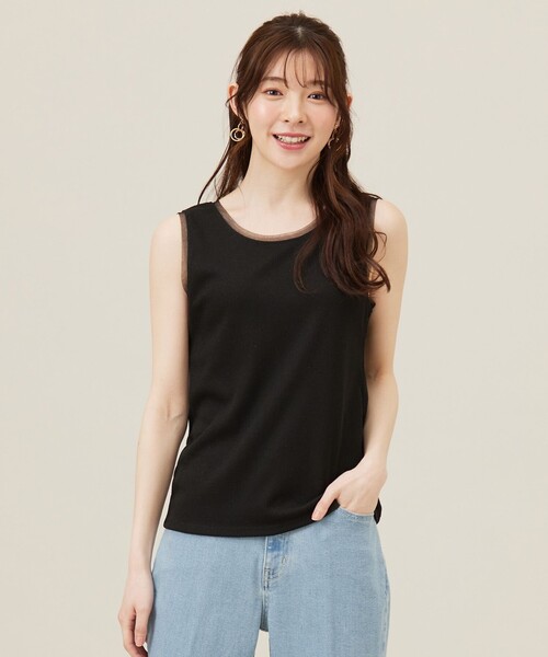 ANY SIS（エニィスィス）の「【洗える】チュールコンビラメ タンクトップ（タンクトップ・レディース・ベージュ系/ブラック系/ライトグレー系・2）」の2枚目の写真