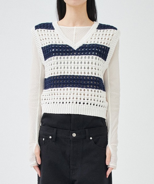 M リュクスエイケイエムプラス 総柄ビッグロゴ ニットベスト ネイビー black-label-ss23-13516356-s-