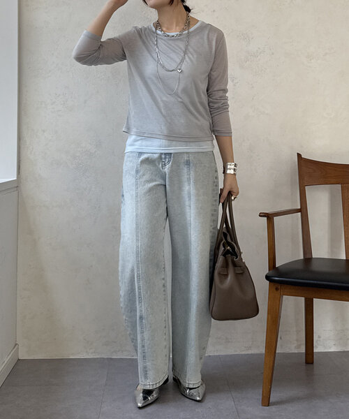 DouDou(ドゥドゥ)の「【WEB限定】セットTEE(Tシャツ/カットソー・レディース・オフホワイト/ライトグレー・FREE)」の4枚目の写真
