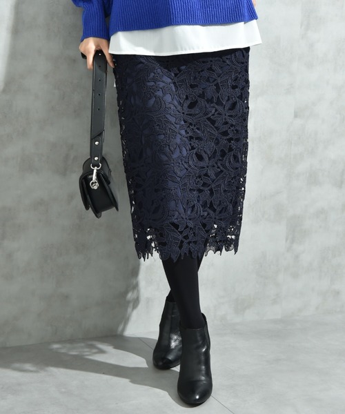 INTERPLANET（インタープラネット）の「ケミカルレースＢＡＣＫファスナータイトスカート（スカート・レディース・ネイビー/ブラック・FREE）」の2枚目の写真