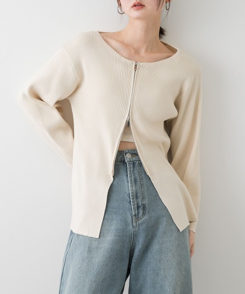 SENSE OF PLACE by URBAN RESEARCH（センスオブプレイスバイアーバンリサーチ）の「ボートネックジップカーディガン（カーディガン/ボレロ・レディース・アイボリー/ブラック/グレー・ONE）」の2枚目の写真