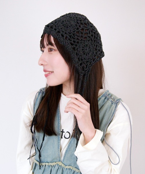セール】バブーシュカかぎ編み サイドストラップ帽子（ニットキャップ