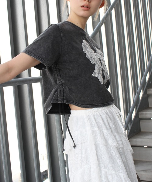【PLACE STUDIO】★人気★レースリボンシャーリングTシャツ セール】レースリボンシャーリング Tシャツ（Tシャツ