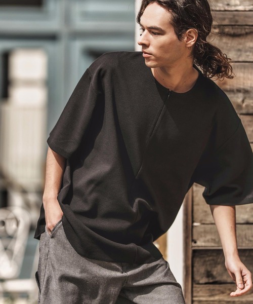 mt9656-Zip Up Henley Neck Waffle Cut sew Tシャツ（Tシャツ