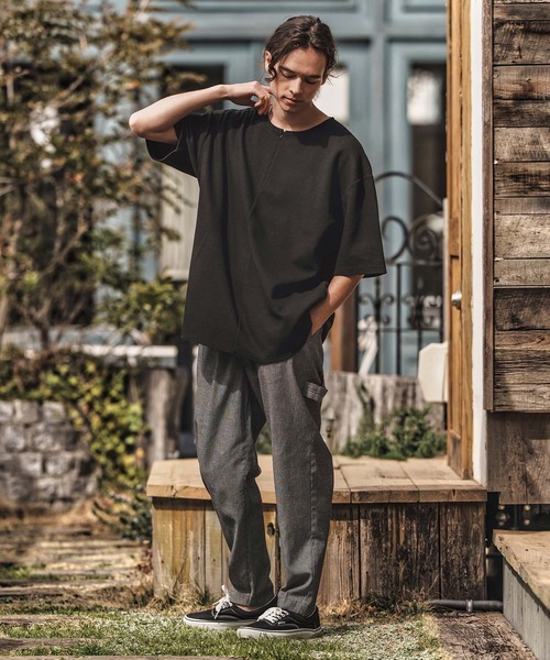 CAMBIO(カンビオ)の「mt9656-Zip Up Henley Neck Waffle Cut sew Tシャツ(Tシャツ/カットソー・メンズ・ホワイト/ブラック・S/M/L)」の6枚目の写真