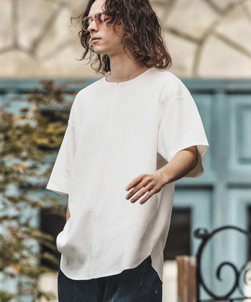 CAMBIO(カンビオ)の「mt9656-Zip Up Henley Neck Waffle Cut sew Tシャツ(Tシャツ/カットソー・メンズ・ホワイト/ブラック・S/M/L)」の10枚目の写真