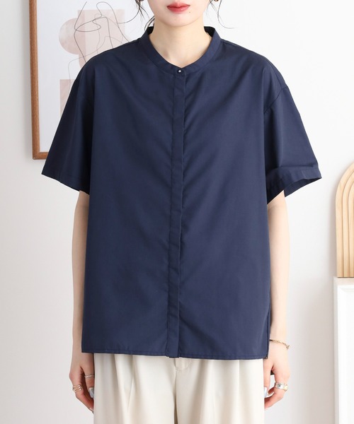 EGLANTINE(エグランティーヌ)の「EGLANTINE ノーカラーバックフレアブラウス ゆったりシルエット(シャツ/ブラウス・レディース・プラム/ネイビー/オフホワイト・40)」の22枚目の写真