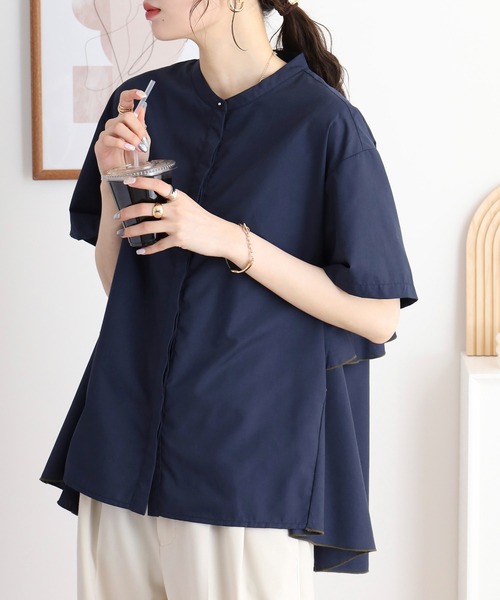 EGLANTINE(エグランティーヌ)の「EGLANTINE ノーカラーバックフレアブラウス ゆったりシルエット(シャツ/ブラウス・レディース・プラム/ネイビー/オフホワイト・40)」の10枚目の写真