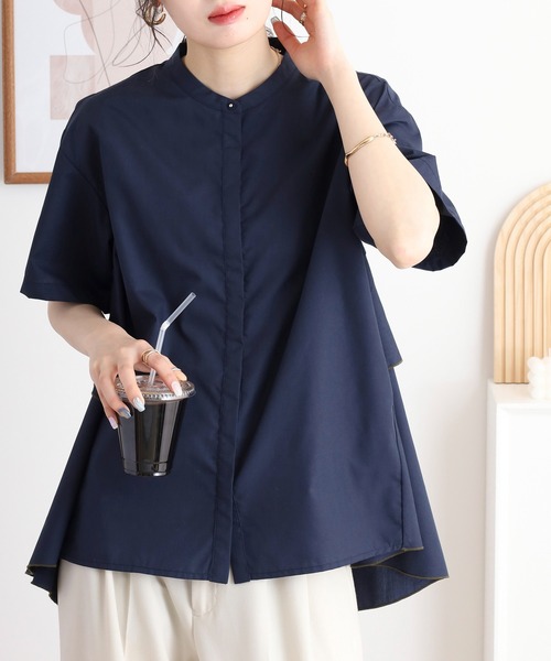 EGLANTINE(エグランティーヌ)の「EGLANTINE ノーカラーバックフレアブラウス ゆったりシルエット(シャツ/ブラウス・レディース・プラム/ネイビー/オフホワイト・40)」の11枚目の写真
