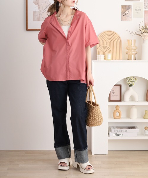 EGLANTINE(エグランティーヌ)の「EGLANTINE ノーカラーバックフレアブラウス ゆったりシルエット(シャツ/ブラウス・レディース・プラム/ネイビー/オフホワイト・40)」の20枚目の写真