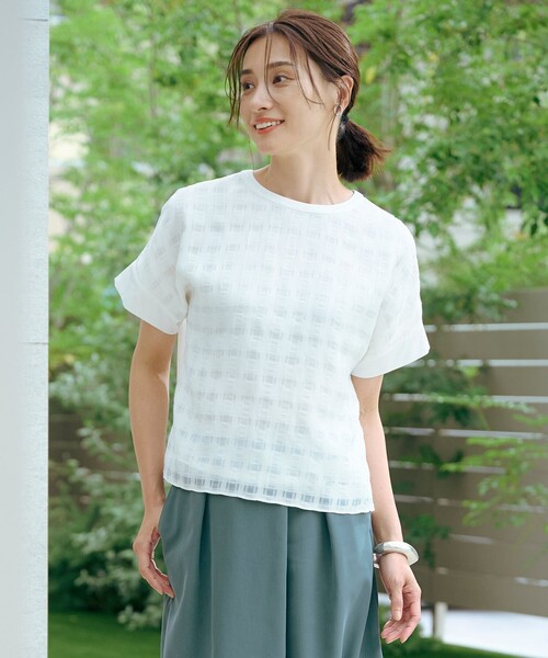 J.PRESS Ladies(J.プレス レディス)の「【洗える】チェックコンビジャージー カットソー(Tシャツ/カットソー・レディース・ブラック系3/ホワイト系3・SMALL)」の2枚目の写真