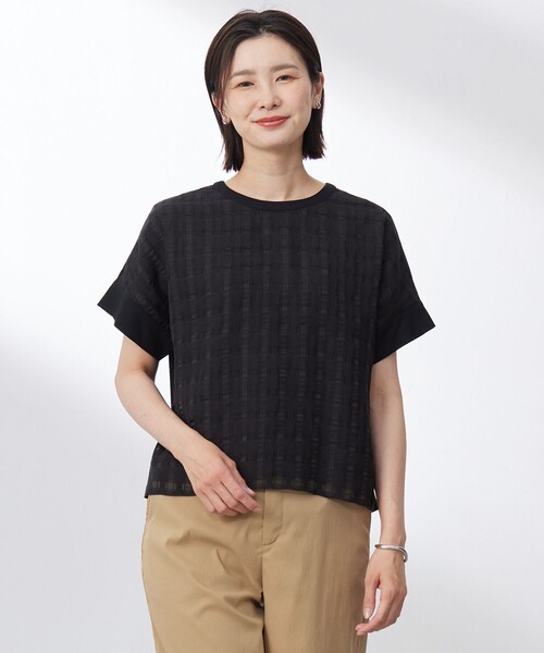 J.PRESS Ladies(J.プレス レディス)の「【洗える】チェックコンビジャージー カットソー(Tシャツ/カットソー・レディース・ブラック系3/ホワイト系3・SMALL)」の1枚目の写真
