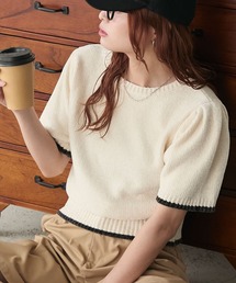 BONLECILL（ボンルシール）の「ベロアモール配色パイピングボリュームスリーブ半袖ニット（ニット/セーター・レディース）」