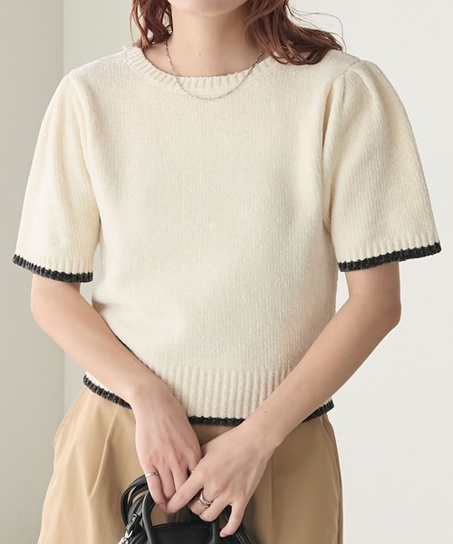 BONLECILL（ボンルシール）の「ベロアモール配色パイピングボリュームスリーブ半袖ニット（ニット/セーター・レディース・ネイビー/オフホワイト/ワイン/ブラウン・FREE）」の6枚目の写真